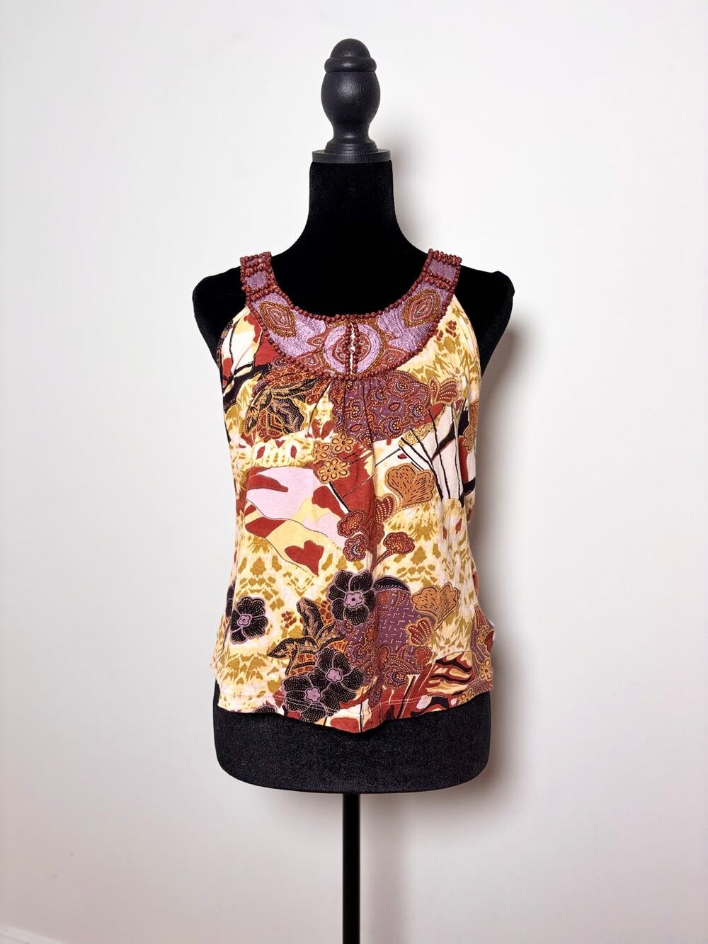 Derhy Yellow Brown Autumn Sleeveless Beaded Paisley Embroidered Neckline Top